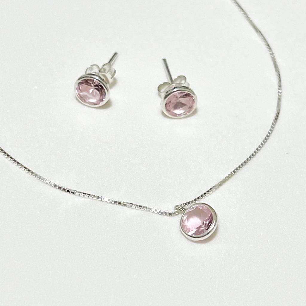 Conjunto de Prata Rosa Cravação Inglesa