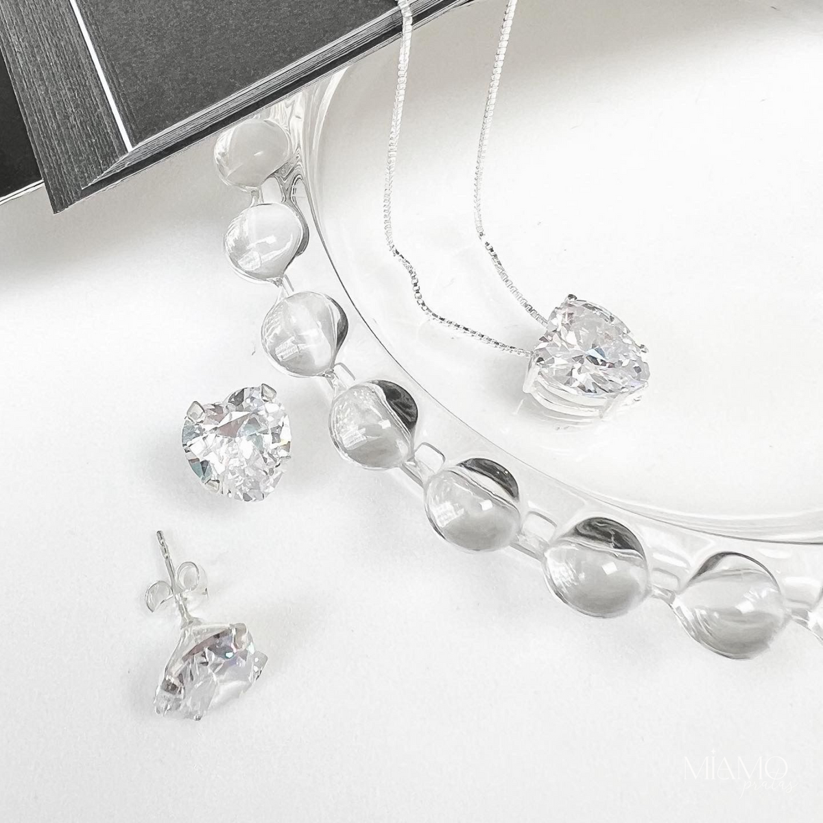 Conjunto de Prata Cristal Zircônia Coração Grande