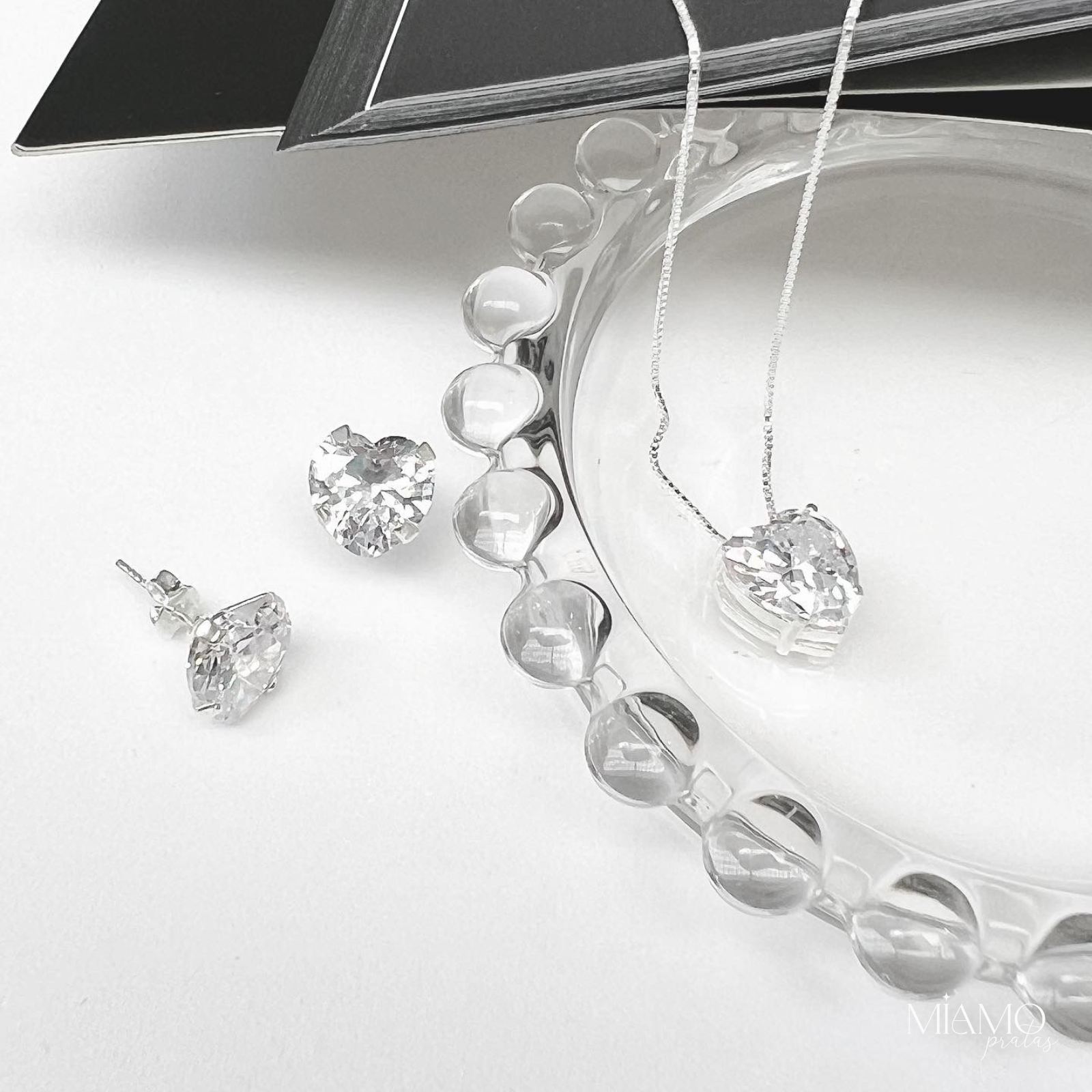 Conjunto de Prata Cristal Zircônia Coração Grande